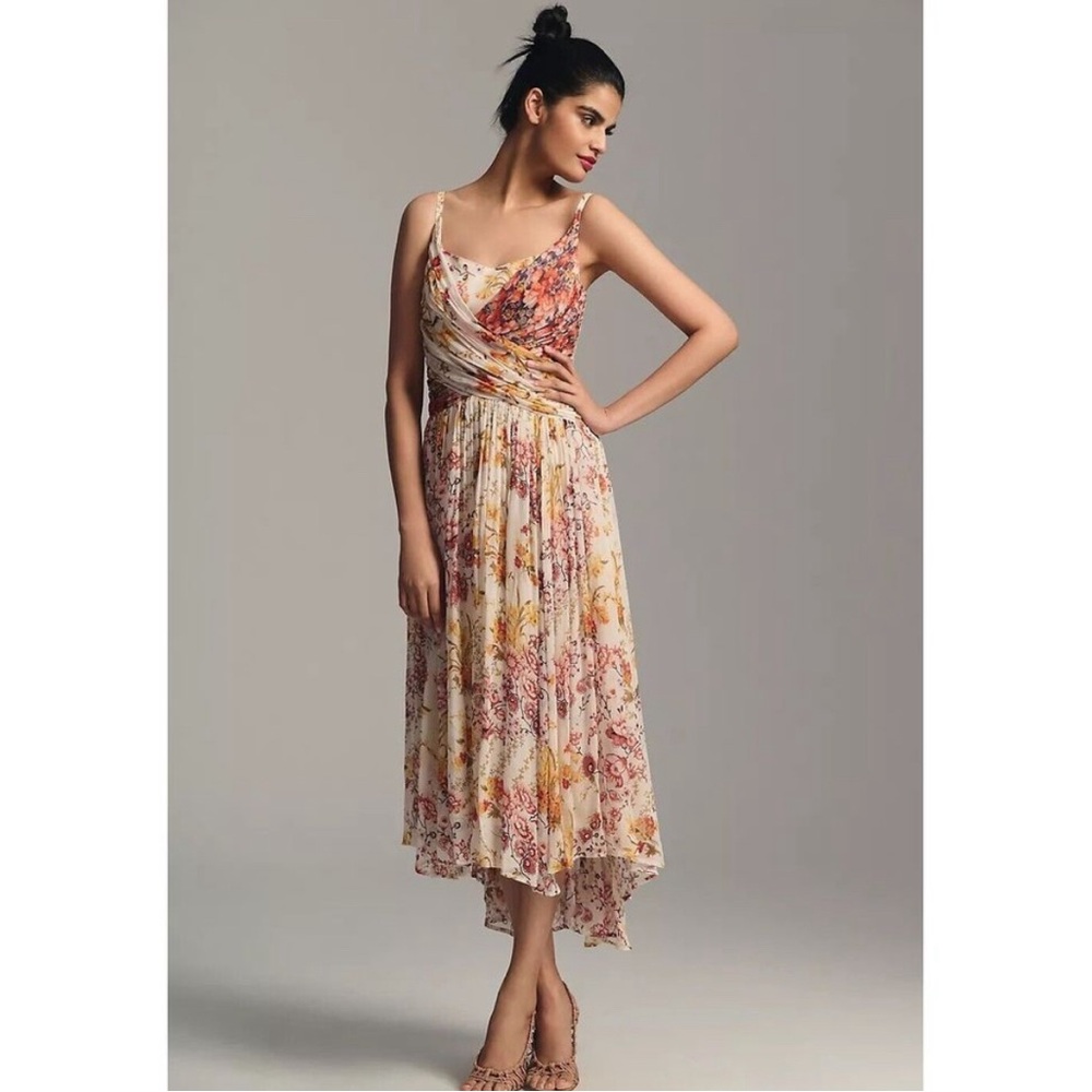 Anthropologie square neck ruched midi dress
